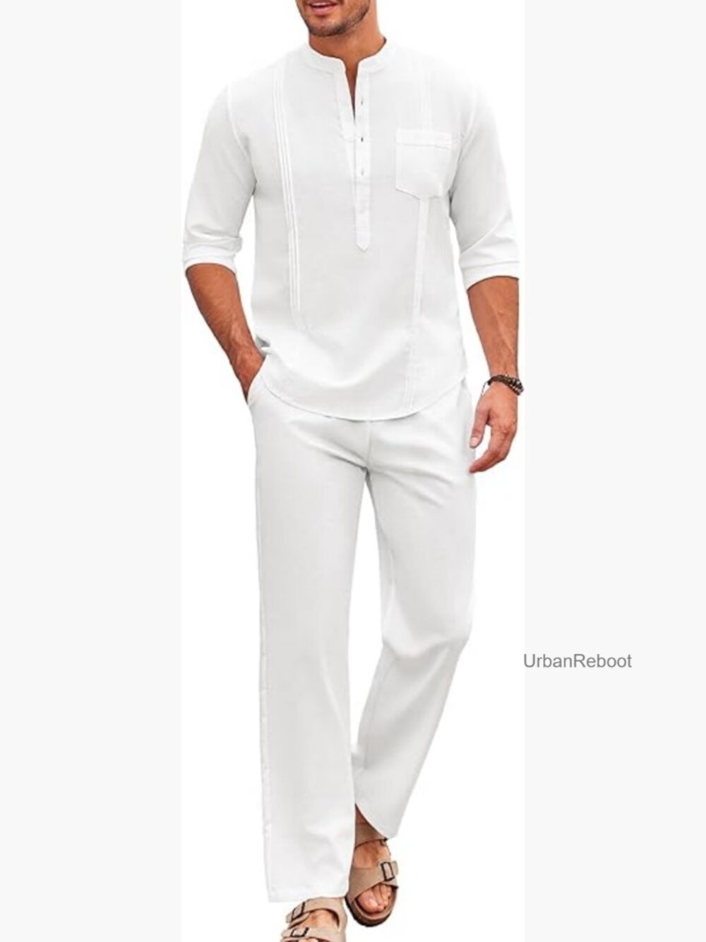 Men's 2 Piece Cotton Henley Shirt and Pant Set Casual Beach Outfit